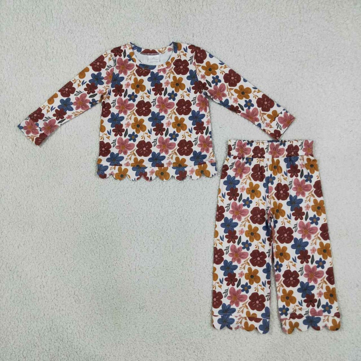 GLP3690 Colorful Flowers Print Girls Fall Scallop Edge Clothes Set
