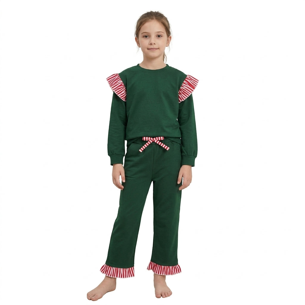 GLP3703 Girls Green Flutter Sleeve Top with Ruffle Pants Christmas Outfits