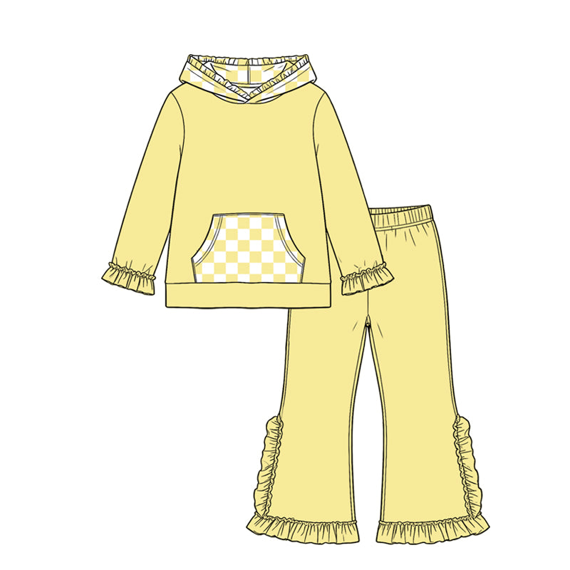 8.19 Preorder GLP3711 Girls Purple Yellow Pants Set Checkerboard Hoodie 2‑Piece Outfit