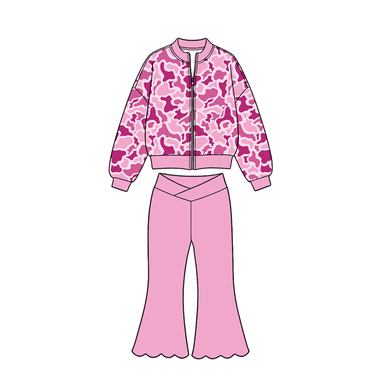 8.19 Preorder Girls Pink Camo Zip‑Up Bomber Jacket & Scalloped Flare Pants Active Outfit