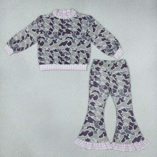 GLP3736 Dark Brown Camo Pink Gingham Mock Neck Top Bell Pants Girls Fall Clothes Set