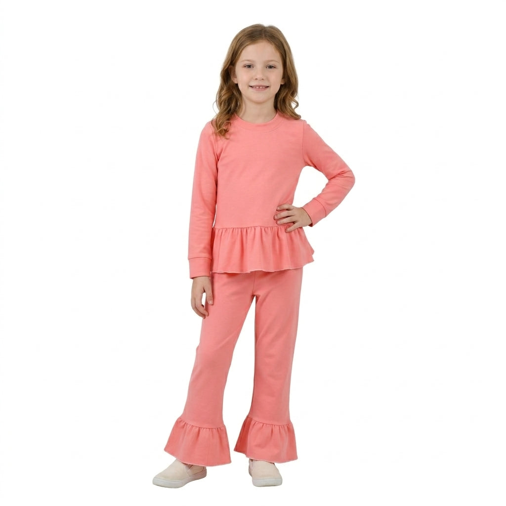 GLP3746 Pink Cotton Long Sleeve Tunic Top Ruffle Pants Girls Clothes Set