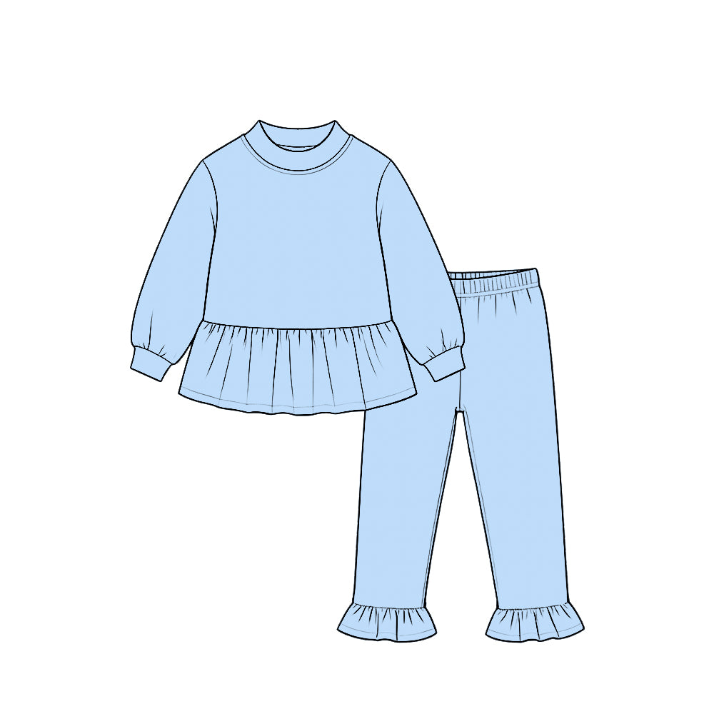 GLP3748 Blue Cotton Long Sleeve Top Ruffle Pants Girls Fall Clothes Set