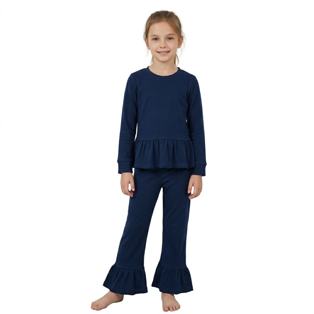 GLP3750 Navy Cotton Long Sleeve Top Ruffle Pants Girls Fall Clothes Set