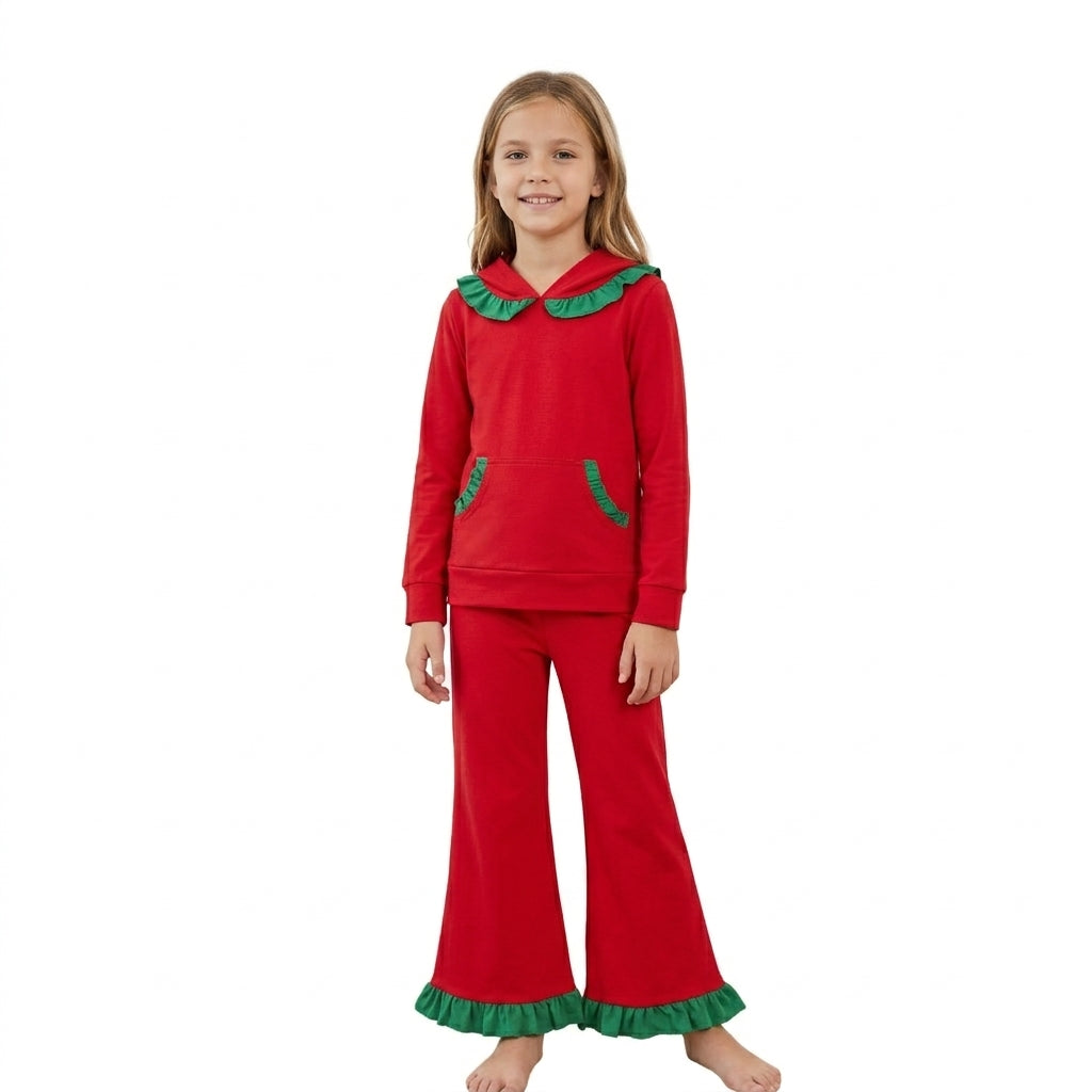 GLP3751 Red Cotton Pocket Hoodie Top Ruffle Bell Pants Girls Christmas Clothes Set