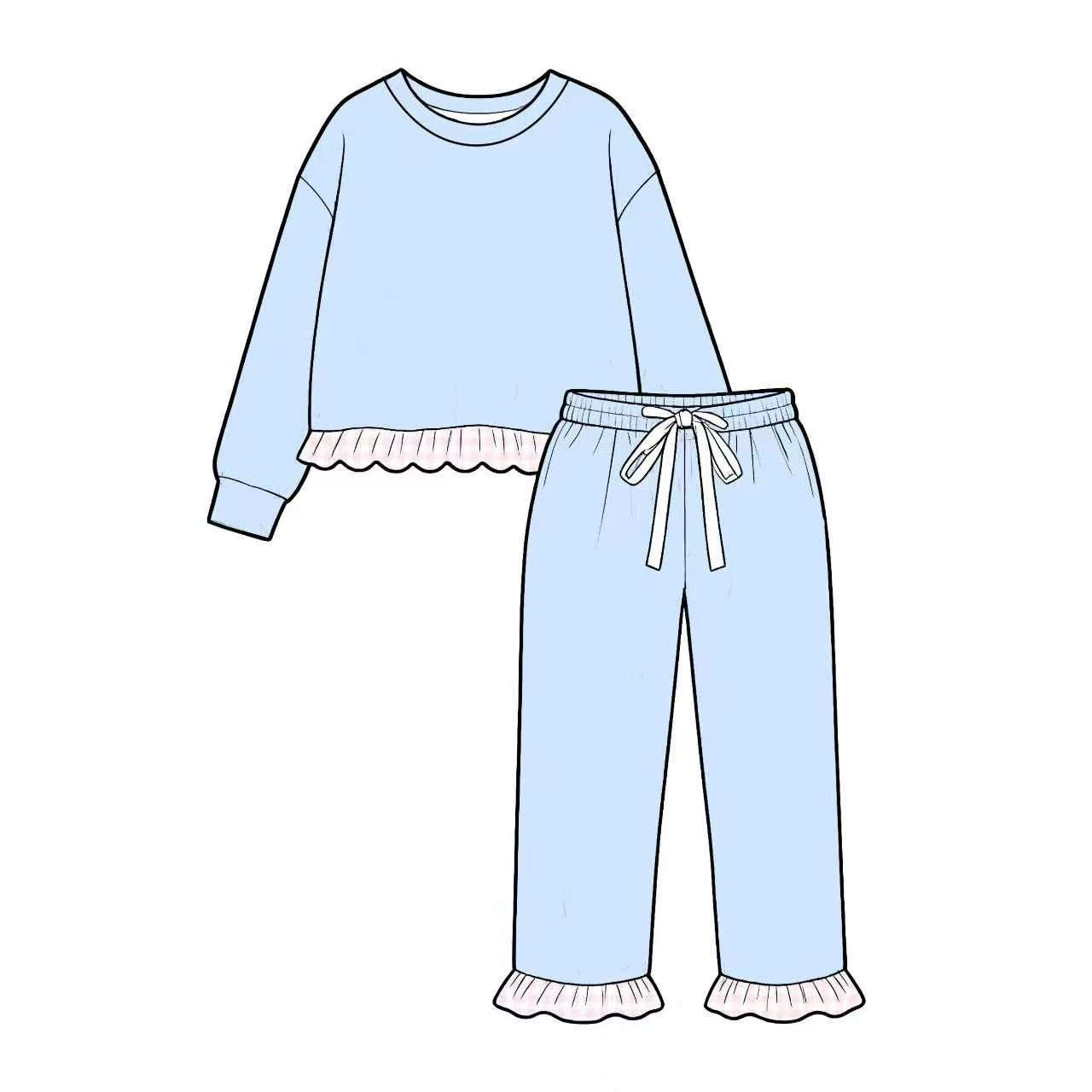 8.24 GLP3753 Preorder Light Blue Long Sleeve Top Ruffle Pants Girls Clothes Set