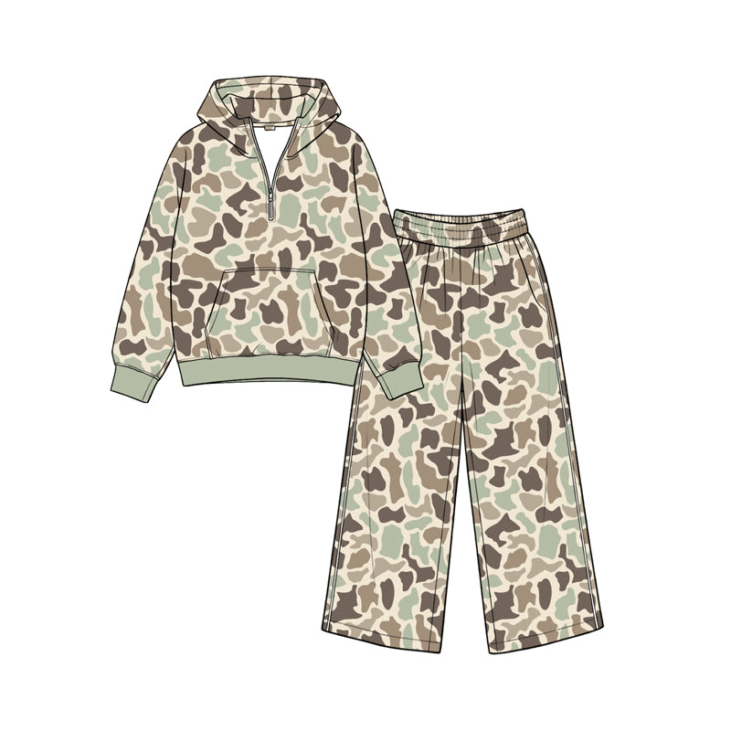 8.26 GLP3761 Preorder Green Brown Camo Print Zipper Hoodie Top Pockets Pants Girls Clothes Set