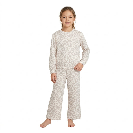 GLP3778 Grey Leopard Mock Neck Top Pockets Straight Pants Girls Clothes Set