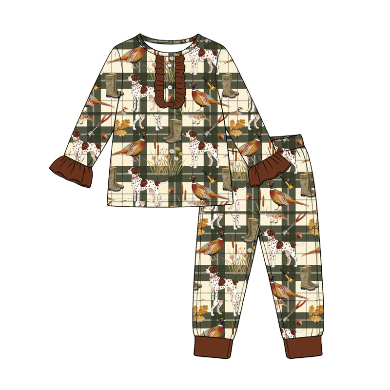 8.28 Preorder Toddler Girls Hunting Dog Green Plaid Long Sleeve Pajama