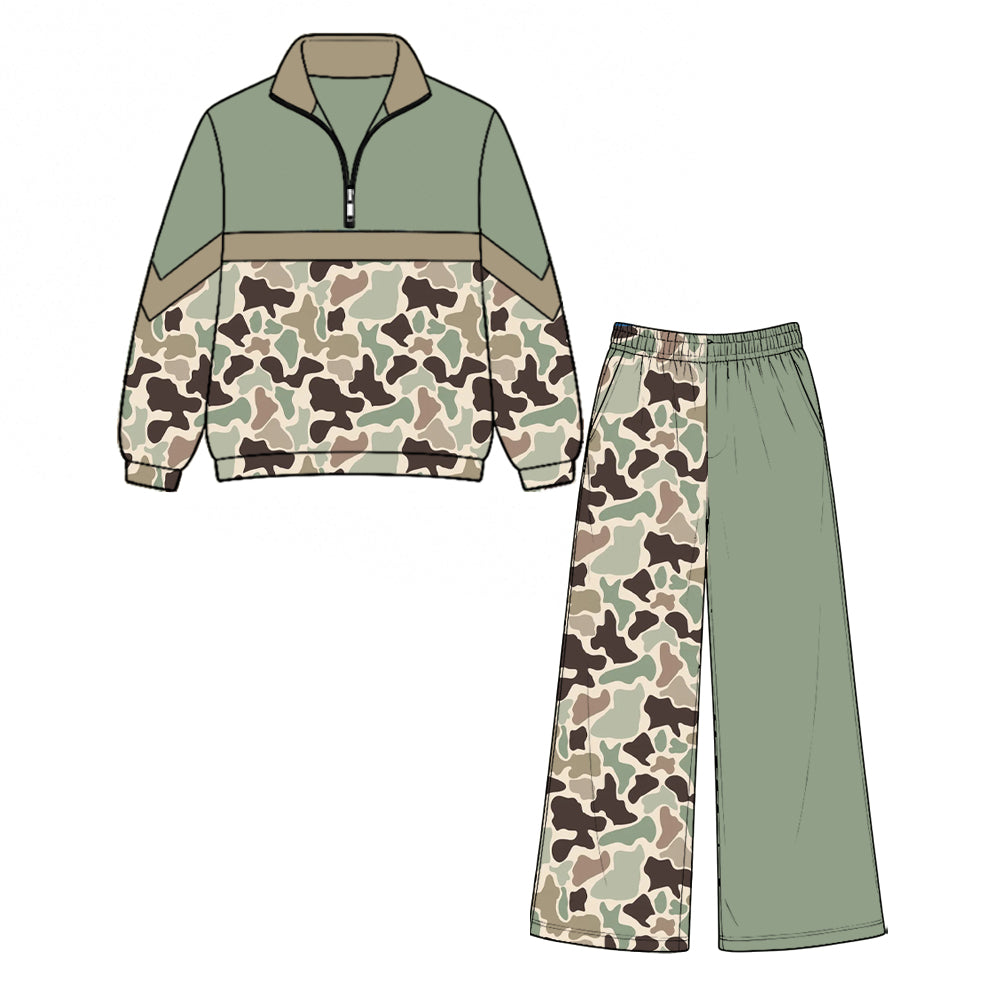 8.28 GLP3802 Preorder Green Brown Camo Zipper Top Pockets Straight Pants Girls Clothes Set