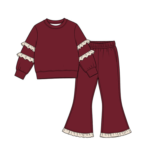 9.7 GLP3843 Kids Girls Maroon Ruffle Sleeve Top Flare Pants Outift