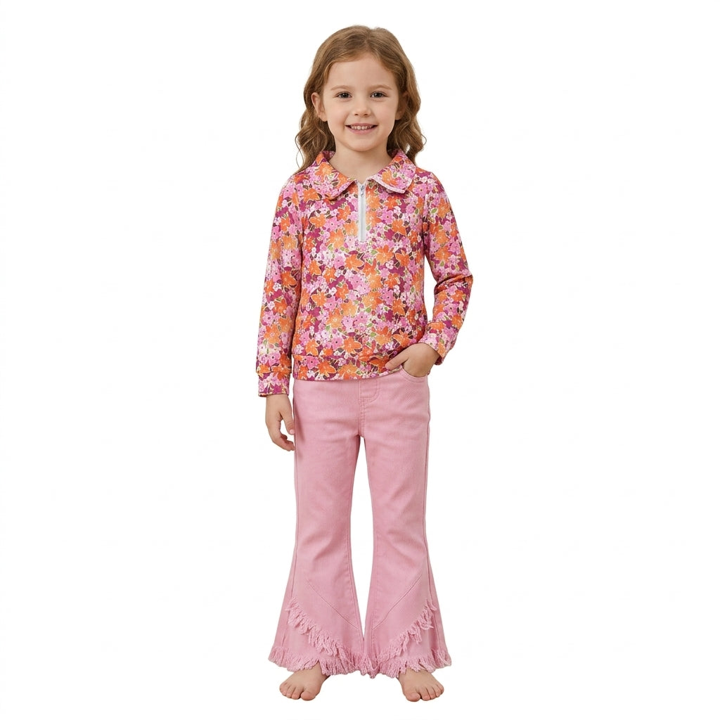 GLP3855 Floral Zipper Top Pink Denim Bell Pants Girls Clothes Set