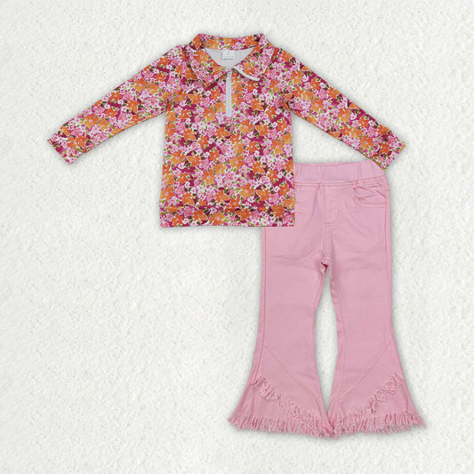 GLP3855 Floral Zipper Top Pink Denim Bell Pants Girls Clothes Set