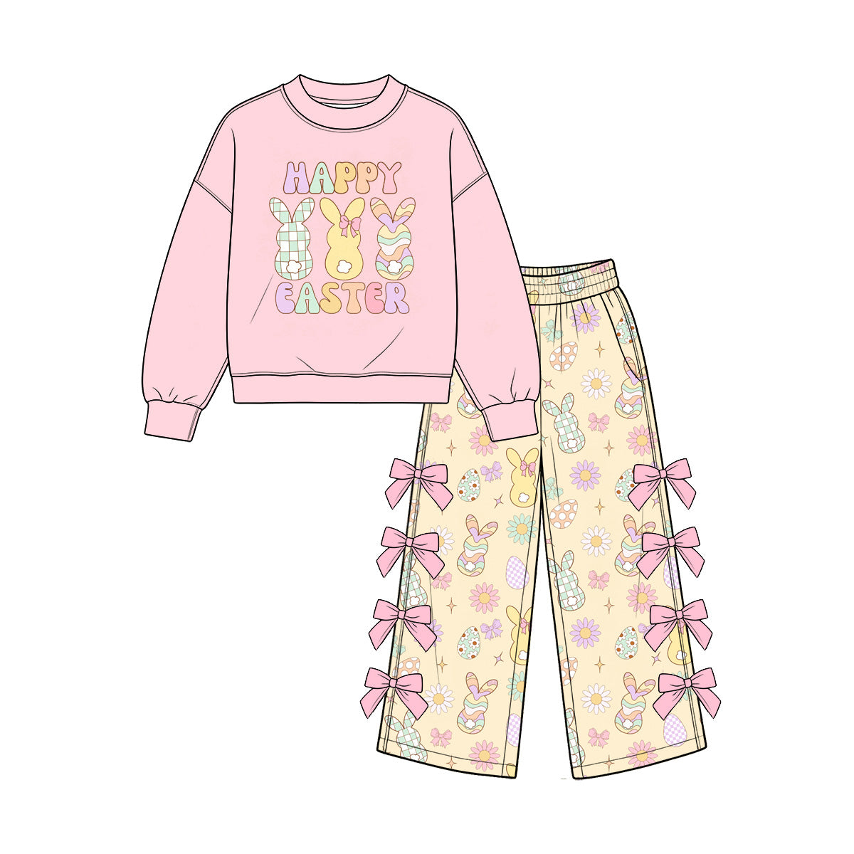 9.8 GLP3858 Preorder Bunny Pink Top Eggs Flowers Bows Pants Girls Easter Clothes Set
