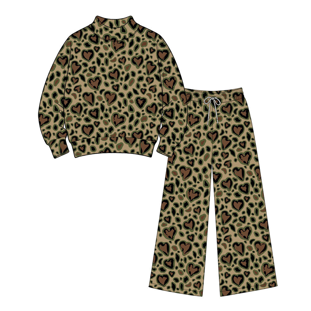 9.9 GLP3862 Preorder Adult Heart Leopard Green Print Mock Neck Top Straight Pants Woman Valentine's Day Clothes Set