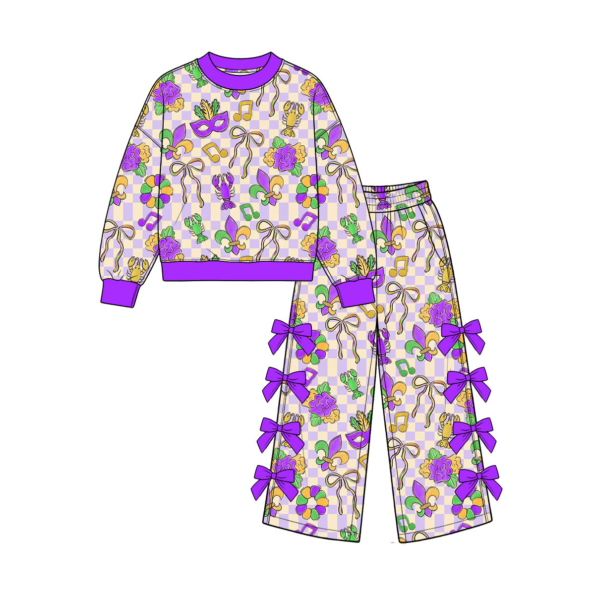9.10 GLP3866 Preorder Anchor Bows Crayfish Checkered Top Bows Pants Girls Mardi Gras Clothes Set