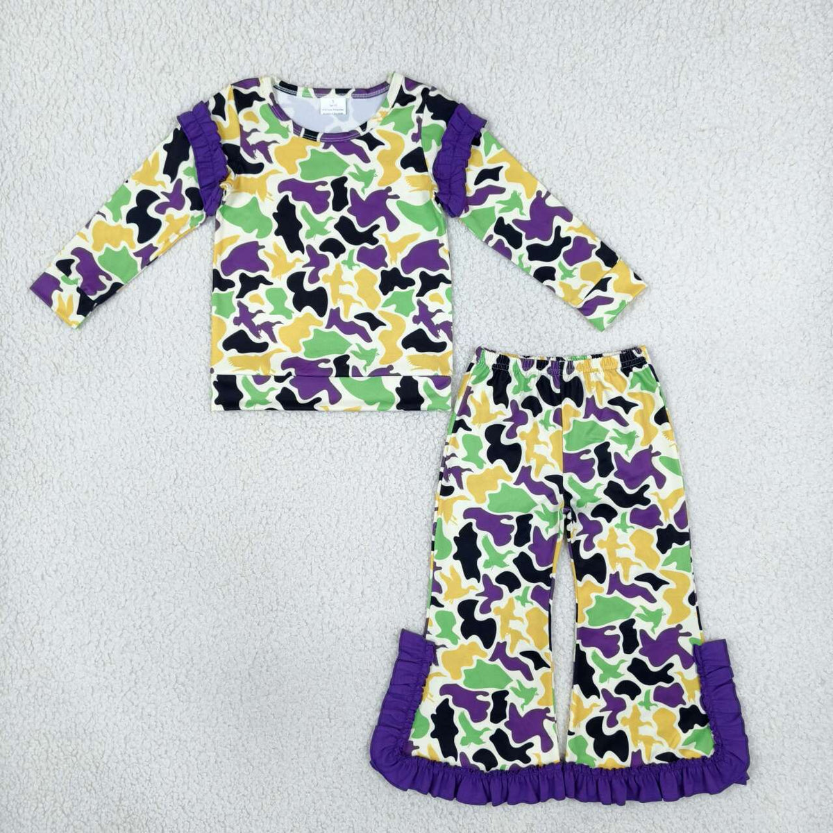 GLP3871 Purple Green Yellow Camo Print Girls Mardi Gras Clothes Set