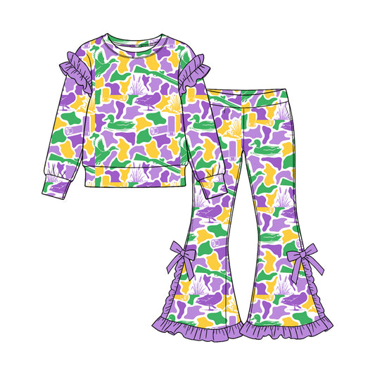 9.12 GLP3873 Preorder Mardi Gras Duck Camo Long Sleeve Ruffle Shoulder Top Flare Pants Outfit