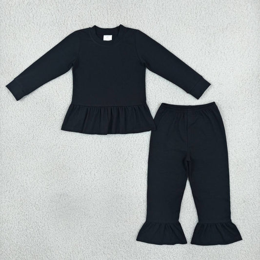 GLP3885 Black Cotton Long Sleeve Top with Ruffle Pants Girls Clothes Set