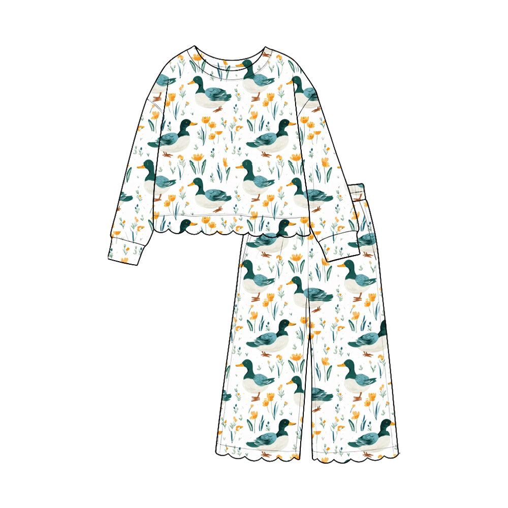 9.15 GLP3886 Duck Flowers Print Pockets Girls Scallop Clothes Set