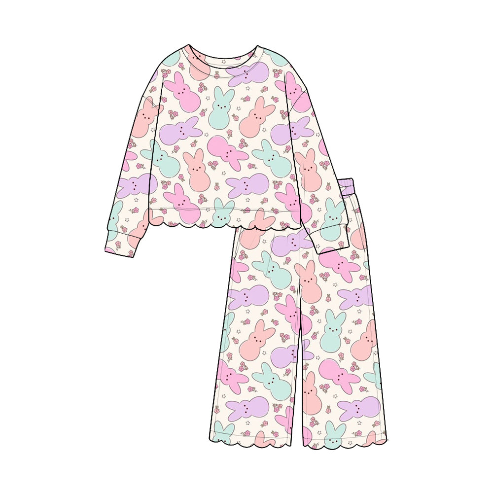 9.15 GLP3889 Colorful Bunny Flowers Print Pockets Girls Easter Scallop Clothes Set