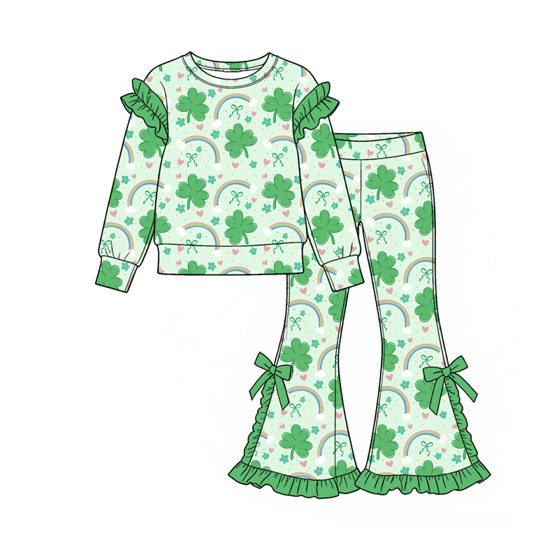 9.15 GLP3892 Preorder 3‑leaf Clovers Rainbow Flowers Bows Print Ruffle Top Bell Pants Girls St Patrick Day Clothes Set