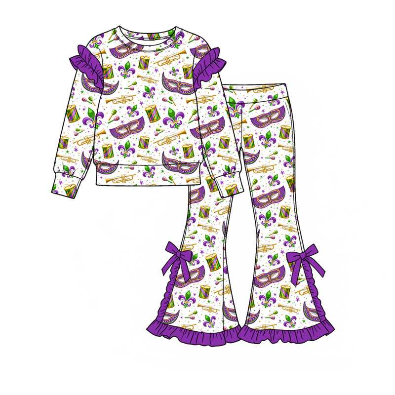 9.16 GLP3894 Preorder Anchor Mask Print Ruffle Top Bell Pants Girls Mardi Gras Clothes Set