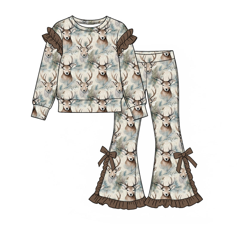 9.16 GLP3898 Preorder Deer Print Ruffle Top Bell Pants Girls Clothes Set