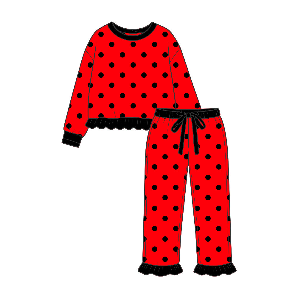 9.16 GLP3902 Preorder Black Dots Red Print Girls Ruffle Clothes Set