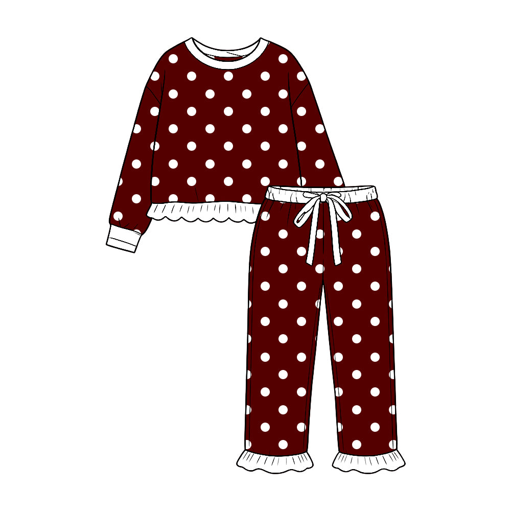 9.16 GLP3906 Preorder White Dots Wine Print Girls Ruffle Clothes Set