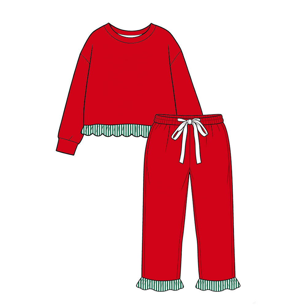 9.17 GLP3907 Preorder Kids Boys Red Long Sleeve Top Pants Outfit with Green Ruffle