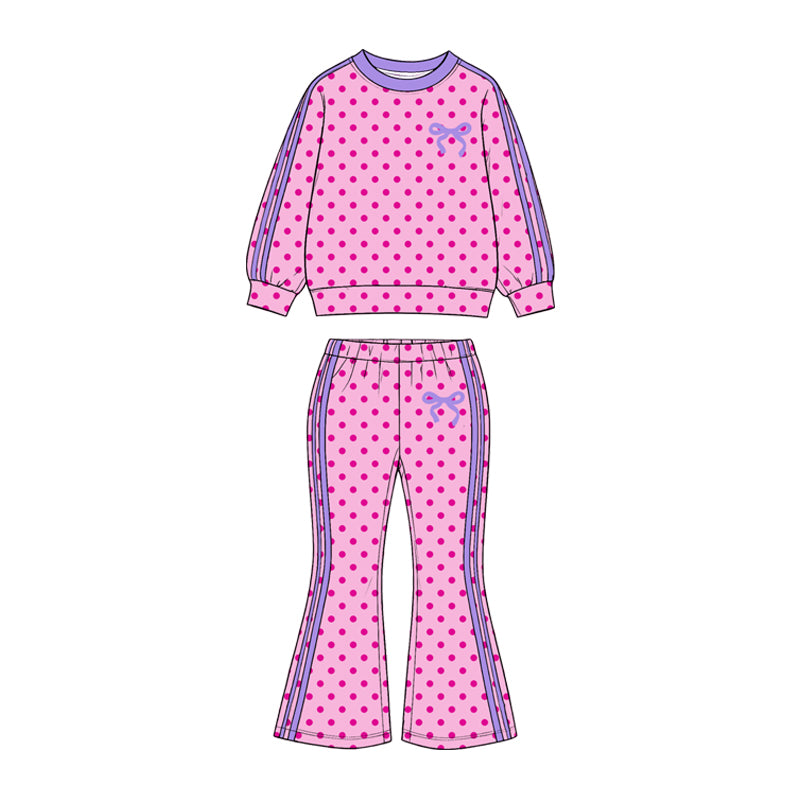 GLP3911 Preorder Baby Girls Hot Pink Polka Dot Bow Long Sleeve Top Bell Bottom Pants Outfit