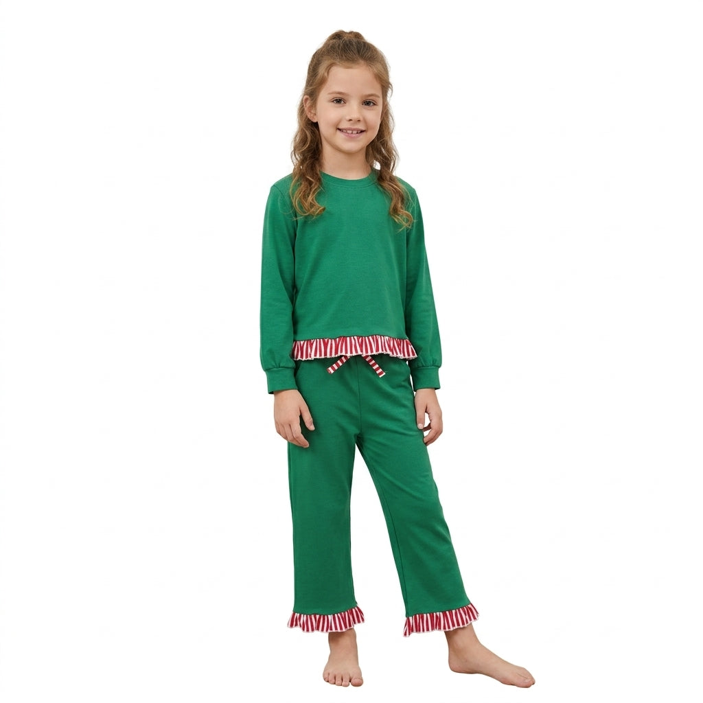 GLP3917 Green Long Sleeve Top Ruffle Pants Girls Christmas Clothes Set