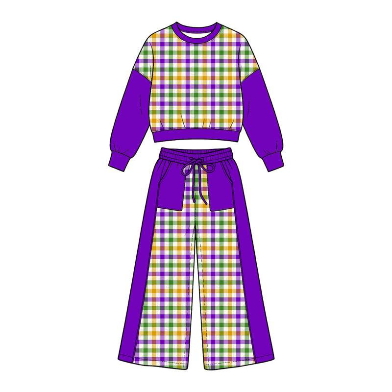 9.22 Preorder GLP3921 Kids Girls Mari Gras Gingham Long Sleeve With Pants Outfit