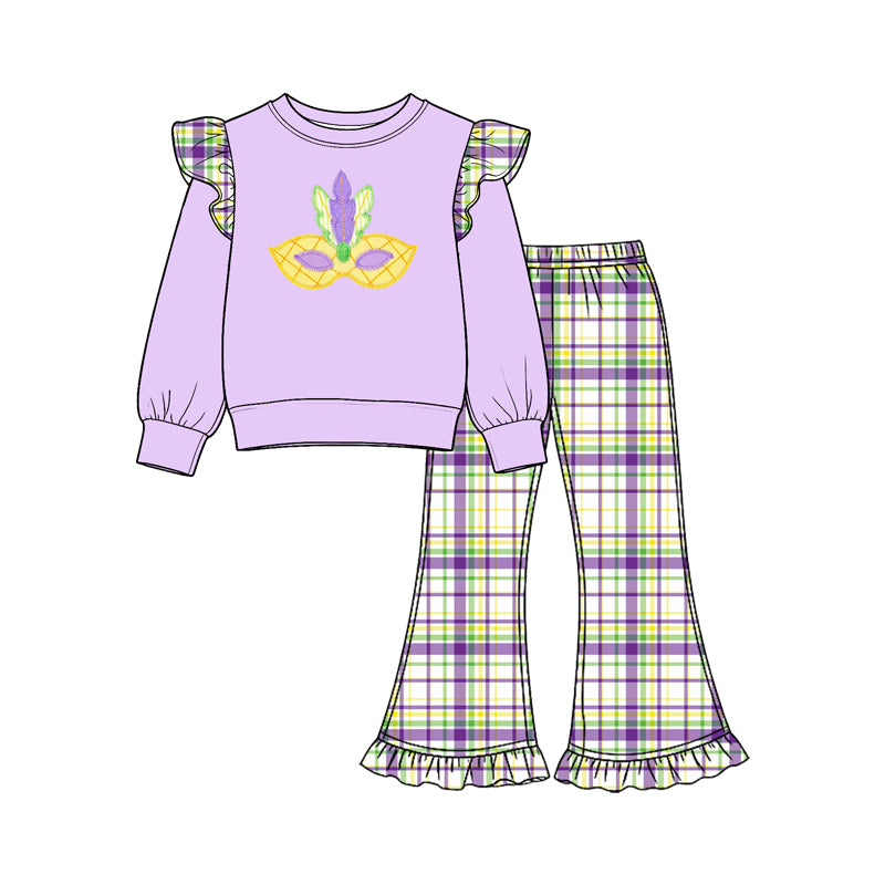 9.22 GLP3922 Preorder Mask Purple Top Checkered Bell Pants Girls Mardi Gras Clothes Set