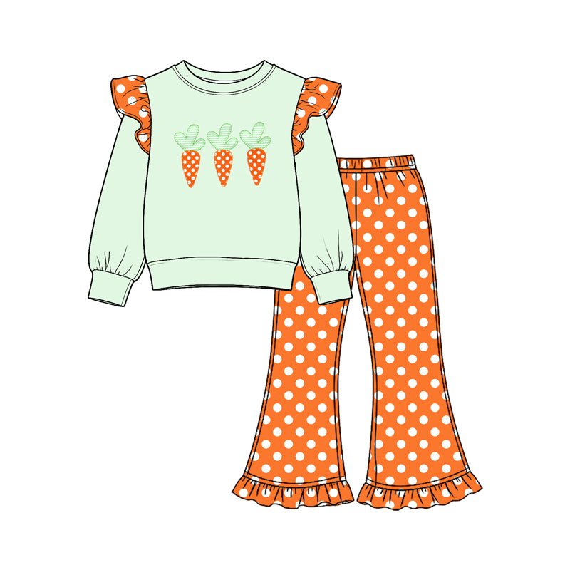 9.22 GLP3924 Preorder Carrot Green Top Dots Bell Pants Girls Easter Clothes Set