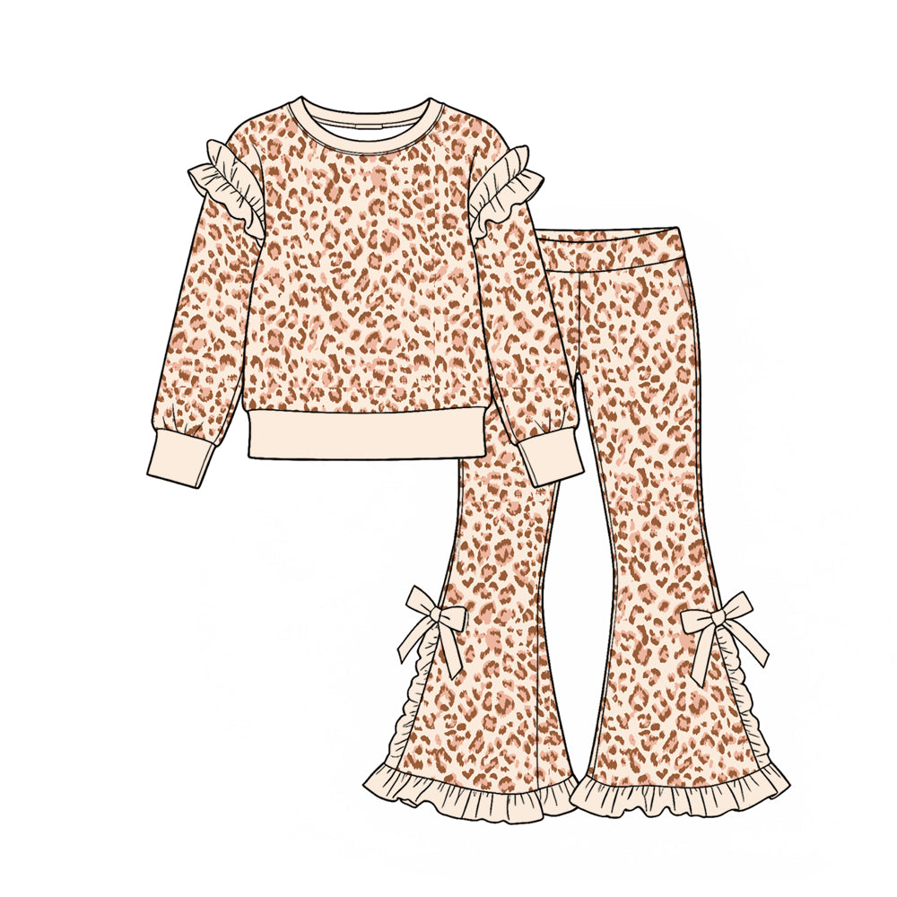 9.23 Preorder GLP3927 Leopard Print Long Sleeve Top Bell Pants Girls Ruffle Clothes Set