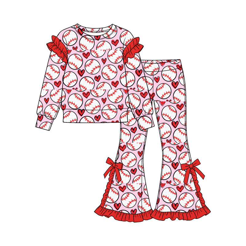 9.25 GLP3937 Preorder Baseball Pink Print Long Sleeve Top Bell Pants Girls Ruffle Clothes Set