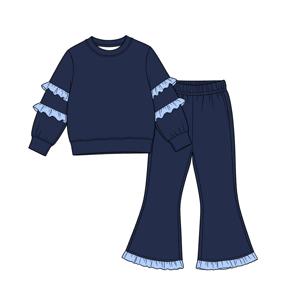 9.29 Preorder GLP3952 Kids Girls Navy Long Sleeve Top Bell Bottom Pants Outfit with Blue Ruffle
