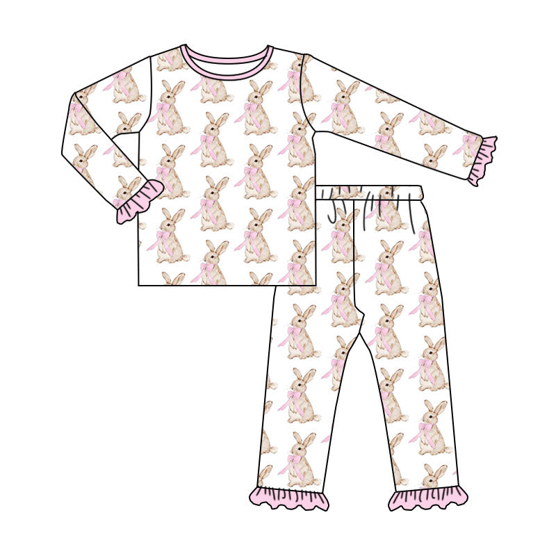 10.1 Preorder GLP3957 Baby Girls Easter Rabbit Pink Bow Long Sleeve Pajama Set