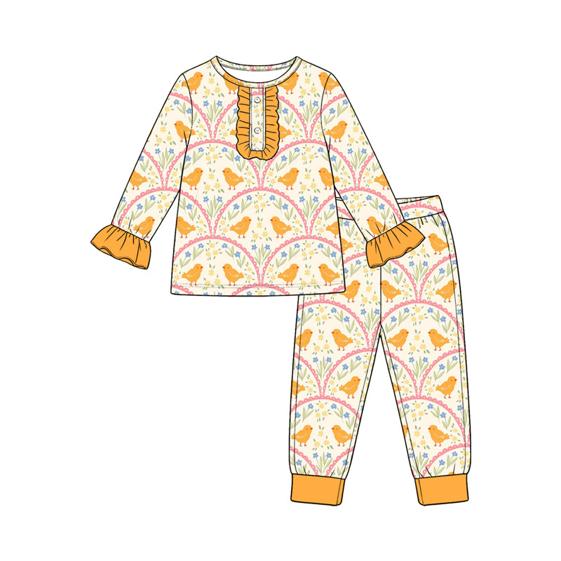 10.1 Preorder GLP3965 Kids Girls Easter Chicken Long Sleeve Pajama Set