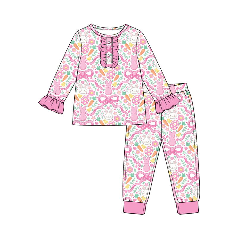 10.2 Preorder GLP3966 Kids Girls Easter Bunny Eggs Pink Bow Long Sleeve Pajama Set
