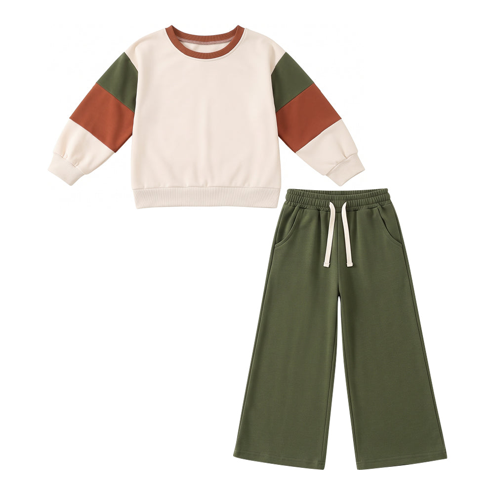10.5 GLP3978 Preorder Color Block Sweatshirt & Green Wide Leg Pants Kids Fall Clothes Set