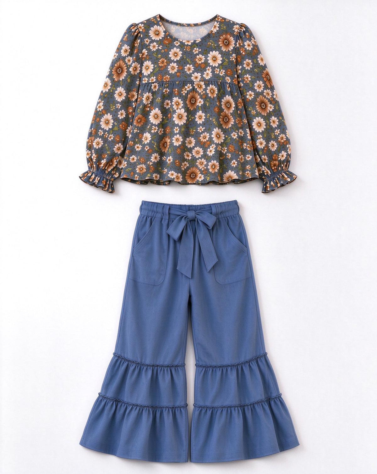 10.5 GLP3979 Preorder Flowers Top Blue Tiered Ruffle Flare Pants Girls Clothes Set