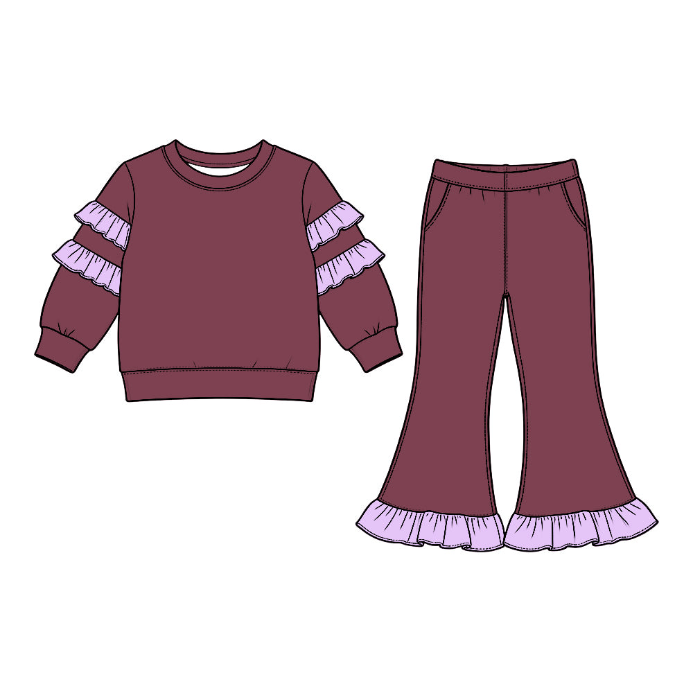 10.6 GLP3983 Wine Cotton Ruffle Top Pockets Bell Pants Girls Clothes Set