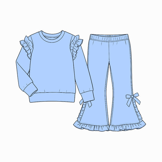 10.6 Preorder GLP3984 Blue Cotton Bell Pants Girls Ruffle Clothes Set