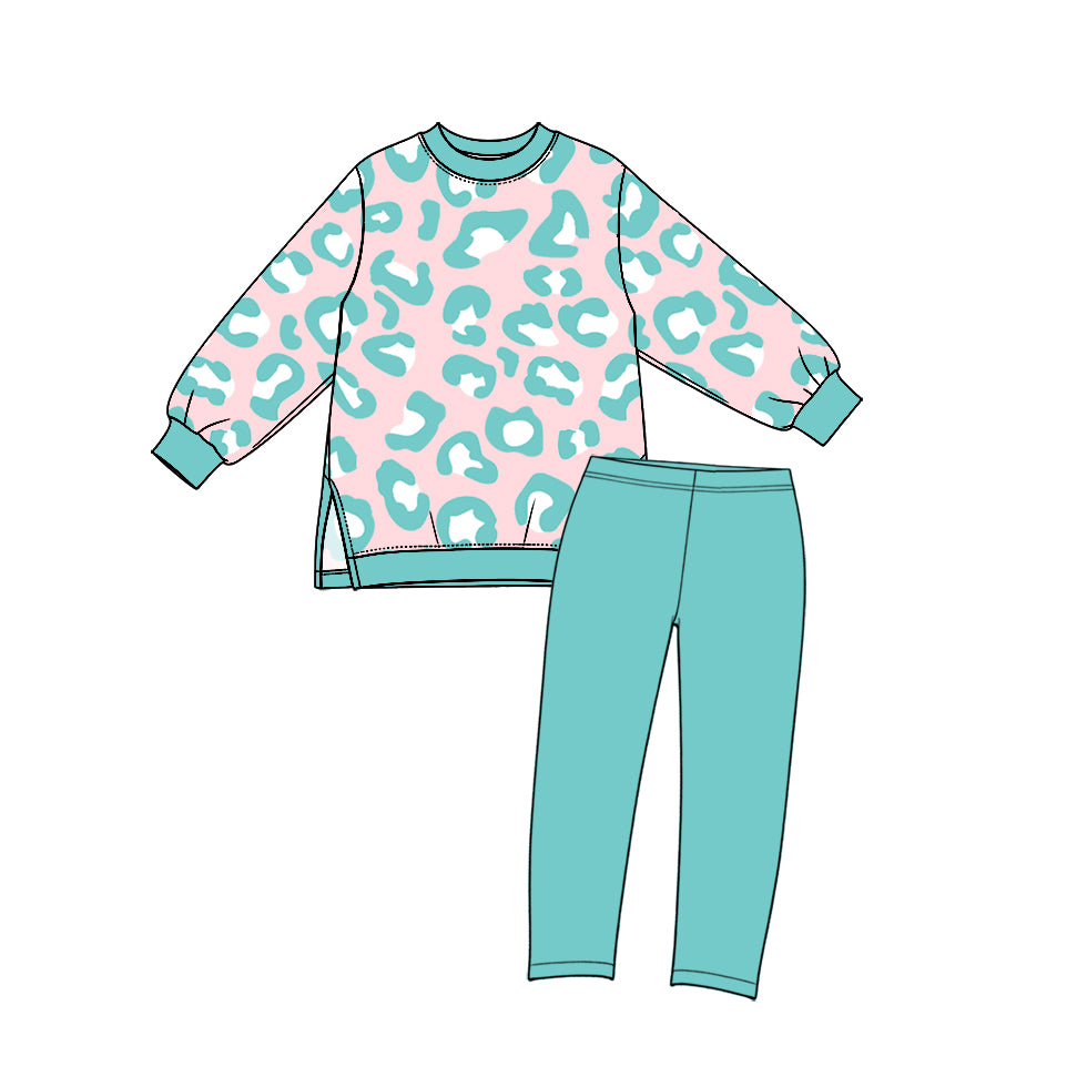 10.10 GLP3990 Preorder Kids Girls Blue Leopard Long Sleeve Top with Leggings Set