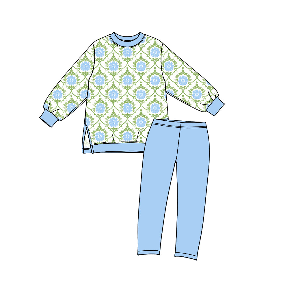 10.13 GLP3995 Preorder Kids Girls Floral Long Sleeve Top Blue Leggings Pants Active Outfit