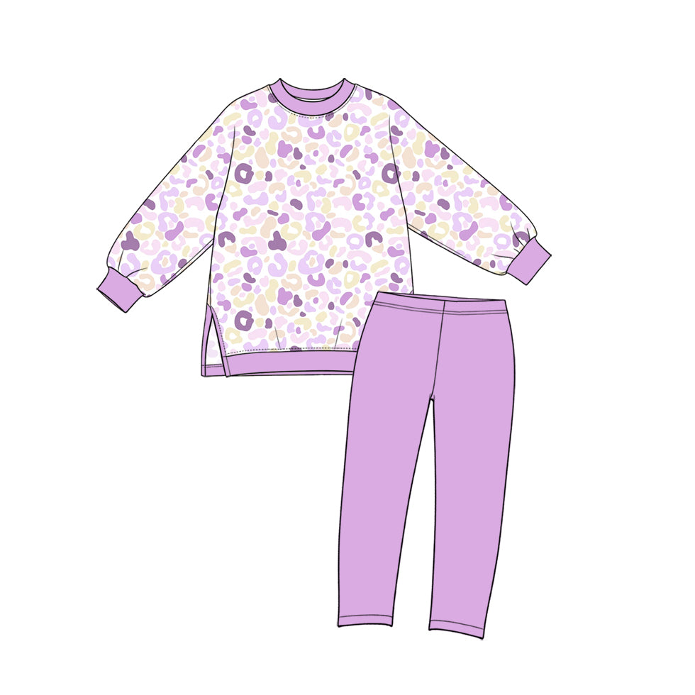 Kids Girls Purple Leoaprd Long Sleeve Top Leggings Pants Active Outfit