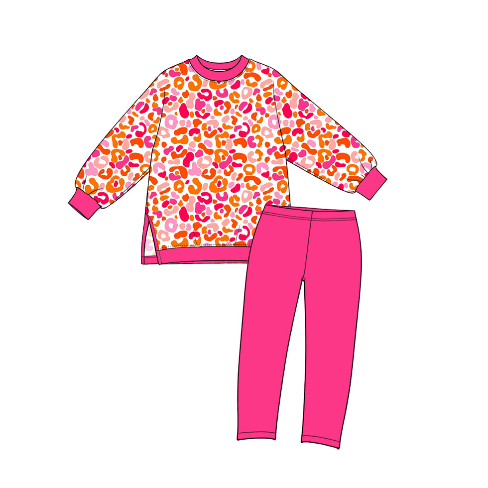 GLP4004 Preorder Kids Girls Hot Pink Leoaprd Long Sleeve Top Leggings Pants Active Outfit